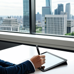A professional individual in a modest business suit, seated at a sleek modern desk, attentively reviewing financial documents on a tablet. The desk is organized with a contemporary planner and a pen. The background is a bright, clean office with large windows overlooking a city skyline. The atmosphere is calm, focused, and embodies financial stability. Professional photography, high quality, perfect anatomy, correct proportions, natural pose, well-formed hands, proper finger count, natural body proportions, safe for work, appropriate content, fully clothed, professional.