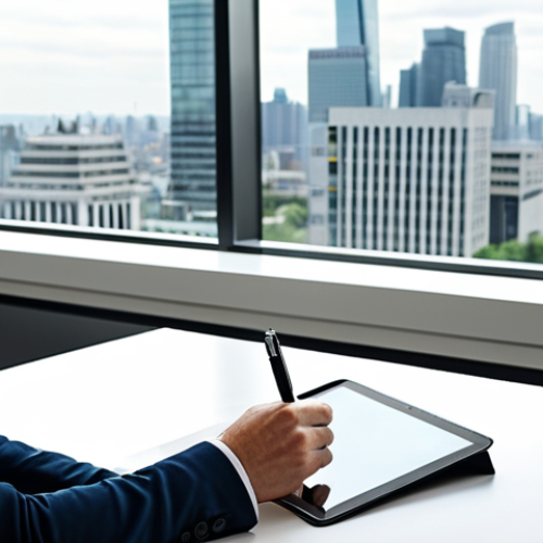 A professional individual in a modest business suit, seated at a sleek modern desk, attentively reviewing financial documents on a tablet. The desk is organized with a contemporary planner and a pen. The background is a bright, clean office with large windows overlooking a city skyline. The atmosphere is calm, focused, and embodies financial stability. Professional photography, high quality, perfect anatomy, correct proportions, natural pose, well-formed hands, proper finger count, natural body proportions, safe for work, appropriate content, fully clothed, professional.