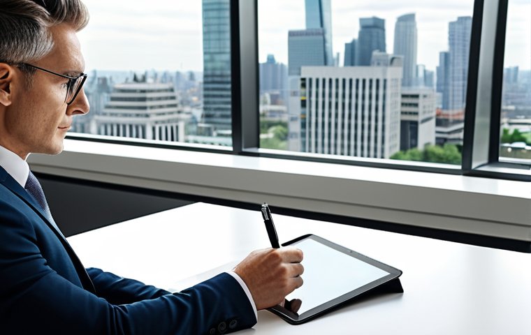 A professional individual in a modest business suit, seated at a sleek modern desk, attentively reviewing financial documents on a tablet. The desk is organized with a contemporary planner and a pen. The background is a bright, clean office with large windows overlooking a city skyline. The atmosphere is calm, focused, and embodies financial stability. Professional photography, high quality, perfect anatomy, correct proportions, natural pose, well-formed hands, proper finger count, natural body proportions, safe for work, appropriate content, fully clothed, professional.