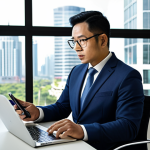 A professional Malaysian man, in a modest business suit, seated comfortably at a sleek, modern desk. He is thoughtfully analyzing a digital tablet that displays a positive credit score graph and various financial metrics. The background features a clean, contemporary office environment with large, bright windows overlooking a cityscape. The lighting is soft and professional. Fully clothed, appropriate attire, safe for work, perfect anatomy, correct proportions, natural pose, well-formed hands, proper finger count, natural body proportions, professional dress, high quality, family-friendly.