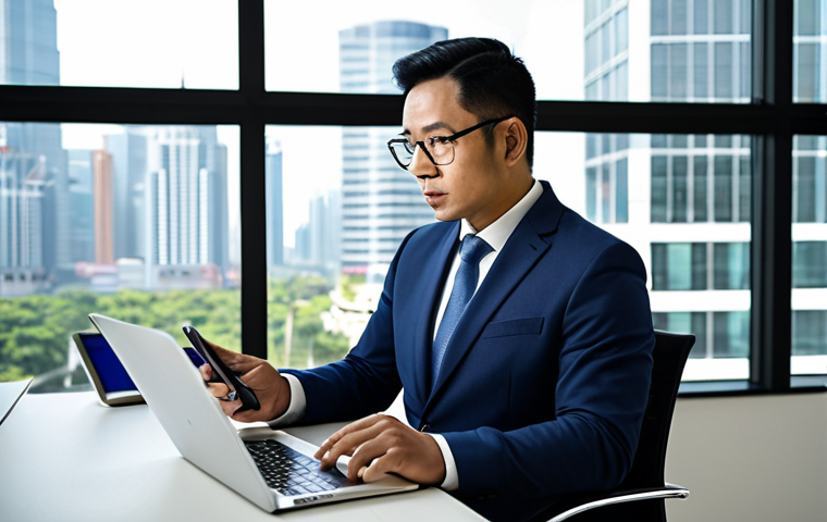 A professional Malaysian man, in a modest business suit, seated comfortably at a sleek, modern desk. He is thoughtfully analyzing a digital tablet that displays a positive credit score graph and various financial metrics. The background features a clean, contemporary office environment with large, bright windows overlooking a cityscape. The lighting is soft and professional. Fully clothed, appropriate attire, safe for work, perfect anatomy, correct proportions, natural pose, well-formed hands, proper finger count, natural body proportions, professional dress, high quality, family-friendly.